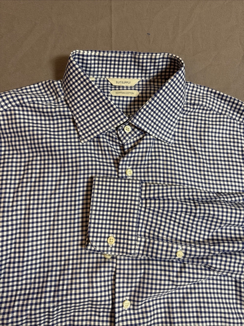 Suitsupply 42-7 16.5L Blue White Shirt Gingham Check Soktas Egyptian Cotton Mens